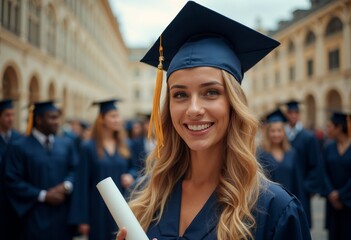 Young woman celebrates graduation day in her cap and gown, smiling brightly.