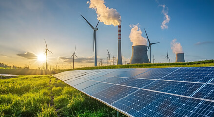 Obraz premium Solar panels and wind turbines front energy plant symbolizing renewable power generation and green energy Concept