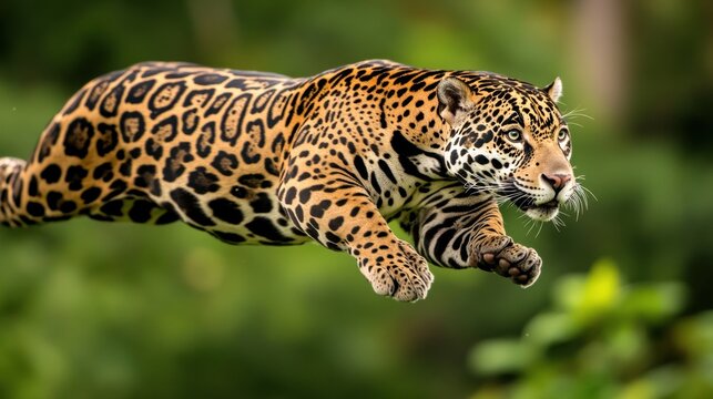 A jaguar leaping through the air in front of a green background, AI