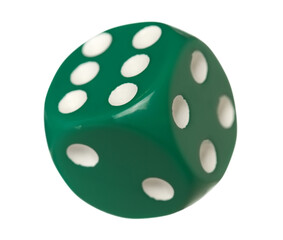 Green gambling dice flying, macro isolated on white background, clipping path