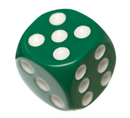 Green gambling dice flying, macro isolated on white background, clipping path