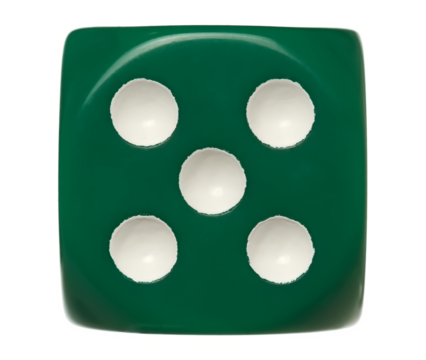 Green gambling dice flying, number 5, macro isolated on white background, clipping path 