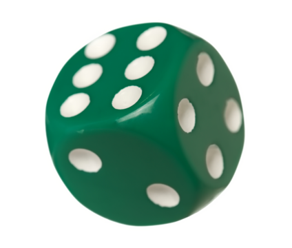 Green gambling dice flying, macro isolated on white background, clipping path