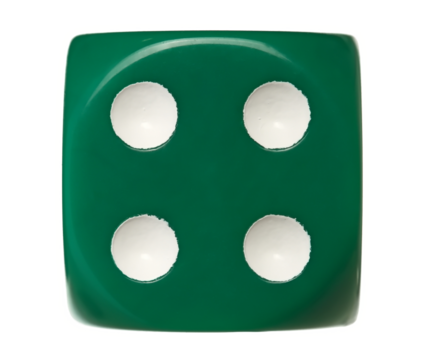 Green gambling dice flying, number 4, macro isolated on white background, clipping path 