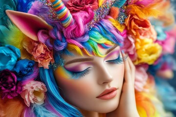 Rainbow Unicorn Dreams: A vibrant portrait of a woman adorned in unicorn-inspired makeup and a floral crown, exuding ethereal beauty and fantasy.