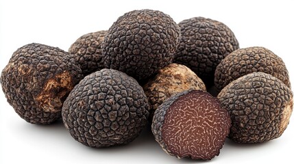 Fresh Black Truffles Displayed Against a White Background, Showcasing Their Unique Texture and Color