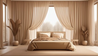 Serene and stylish bedroom featuring soft beige tones, elegant curtains, and natural decor for a calming atmosphere.
