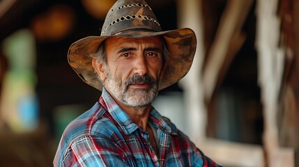 Fototapeta premium Portrait of a Farmer in a Blurred Barn Background, Portrait Shot, Farmer, Barn