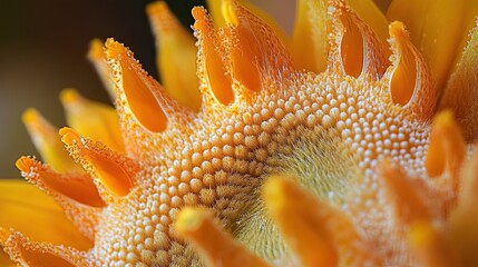A macro photo of a sunflower pollen grain, revealing its spiky texture and vibrant yellow color.