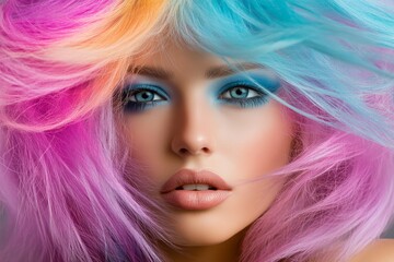 Naklejka premium A Young Woman With Vibrant Pastel Hair and Striking Makeup in a Studio Setting