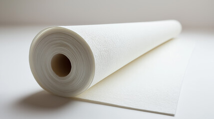 Fototapeta premium Large roll of white paper unrolling on a neutral background, symbolizing simplicity and potential for creation. Its clean, smooth texture dominates the minimalist composition.