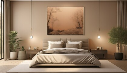 Elegant bedroom interior with soft tones, serene art, and lush greenery creating a tranquil space for relaxation.