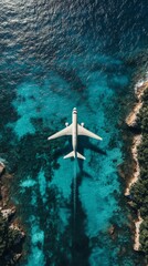 Aerial View of an Airplane Flying Over Clear Blue Waters and Rocky Coastline on a Sunny Day