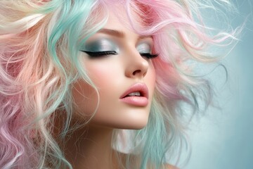 Fototapeta premium Young Woman With Colorful Hair Posing Gracefully in Soft Lighting