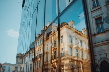 Obraz premium Reflection of Historical Architecture in Modern Glass Building During a Clear Sunny Day