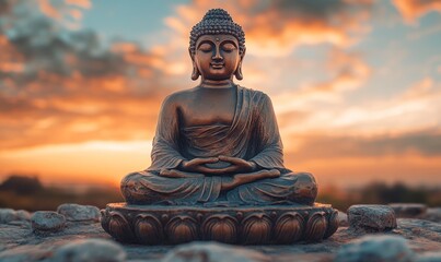 Buddha Statue at Sunset on a Rocky Landscape With a Vibrant Sky