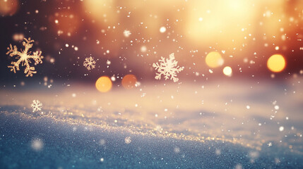 Fototapeta premium Christmas background, sparkling snowflakes falling against a soft gradient sky, subtle glowing lights in the distance, calm and magical winter atmosphere.