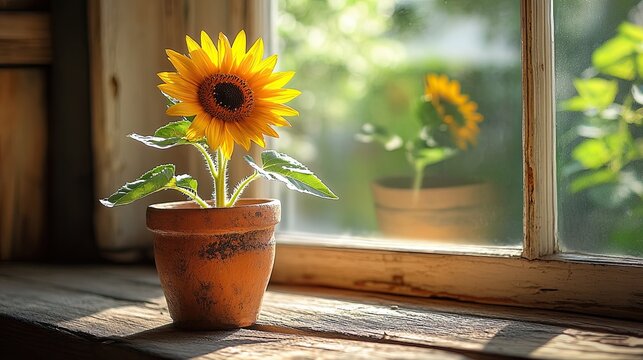 A single stem of a sunflower in a rustic clay pot, bathed in warm sunlight streaming through a window.