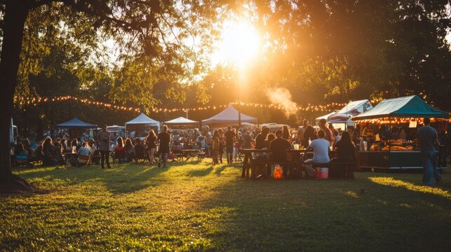 People gathered at an outdoor food market during golden hour