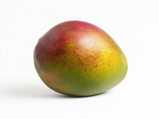 Fresh mango with green and red skin, sitting on white surface.