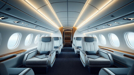 Obraz premium Luxurious interior of an airplane cabin with spacious first-class seats. The seats are arranged in rows with ample legroom, high-quality finishes, and large windows providing natural light.