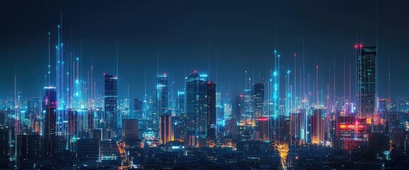 Obraz premium Futuristic Cityscape at Night: Glowing Skyscrapers and Neon Lights