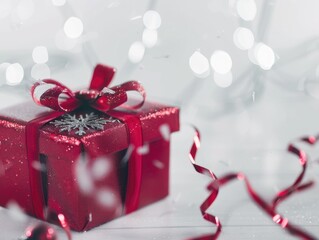 Red gift box with a sparkling bow, wrapped in festive red and white wrapping paper. Perfect holiday present.