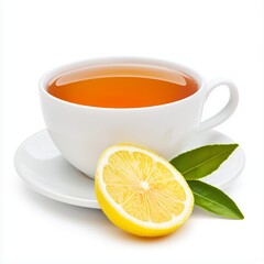 A cup of tea with a slice of lemon on the side
