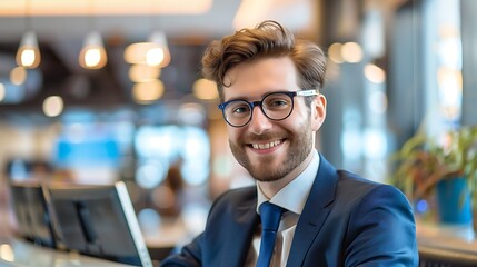 Fototapeta premium Portrait of a Bank Teller in a Blurred Bank Counter Background, Portrait Shot, Bank Teller, Bank Counter