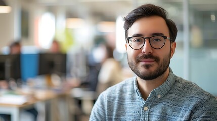 Obraz premium Portrait of a Software Tester in a Blurred Office Cubicle Background, Portrait Shot, Software Tester, Office Cubicle Background