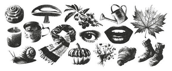 Autumn elements with a photocopy effect. Scarf, pumpkin, mug, croissant, watering can, socks combined with a grainy texture.Aesthetic vector illustration for the design of seasonal posters and prints. © Olgadesigner