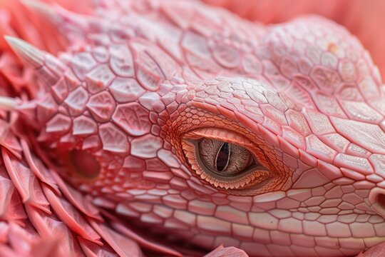 A pink lizard with vivid scales. The focus is on the detailed eye and skin texture of this unique animal.
