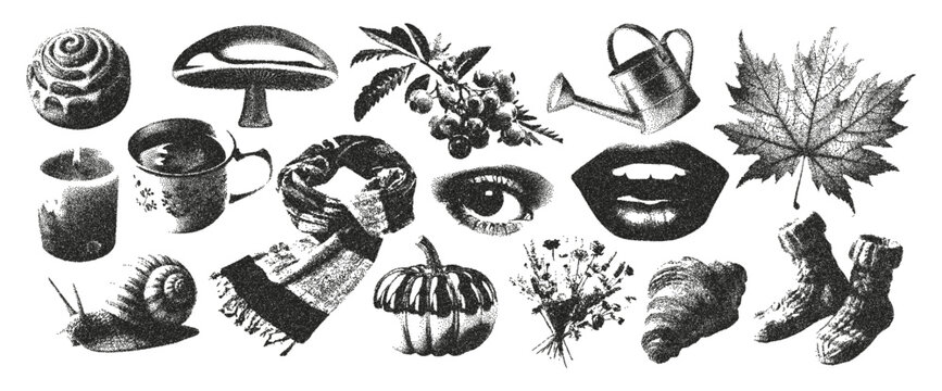 Autumn elements with a photocopy effect. Scarf, pumpkin, mug, croissant, watering can, socks combined with a grainy texture.Aesthetic vector illustration for the design of seasonal posters and prints.