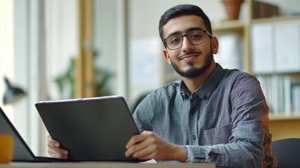 A man in a modern office using a tablet computer. The scene suggests a tech-savvy, efficient work environment.