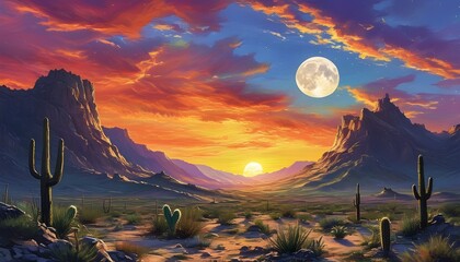 Enchanting desert sunset with mountains, cacti, and a vibrant sky illuminated by a full moon