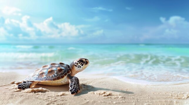 A baby sea turtle on tropical sand beach