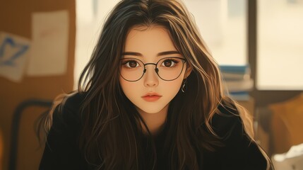 A compassionate therapist with brown hair and glasses, exuding kindness and warmth in a sunlit, detailed setting.