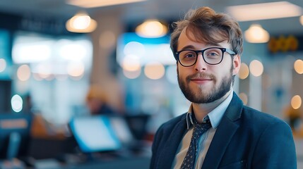 Portrait of a Bank Teller in a Blurred Bank Counter Background, Portrait Shot, Bank Teller, Bank Counter