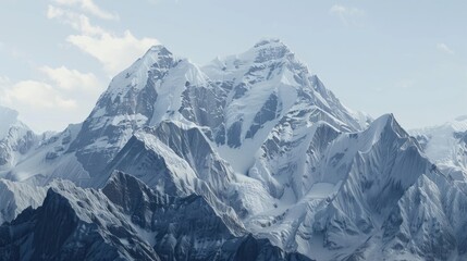 Naklejka premium A snowy mountain range with a large mountain in the foreground. The mountains are covered in snow, and the sky is cloudy. Concept of awe and wonder at the beauty of nature