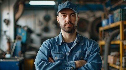 Obraz premium Portrait of a Mechanic in a Blurred Auto Repair Shop Background, Portrait Shot, Mechanic, Auto Repair Shop Background