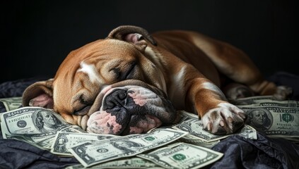 A bulldog peacefully sleeps on a pile of cash and dollar bills. This cozy scene captures the pet in a relaxed pose, representing comfort and wealth.