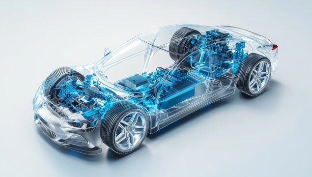 A line art 3D illustration displays a modern electric car chassis x-ray, revealing the vehicle battery in a studio environment.
