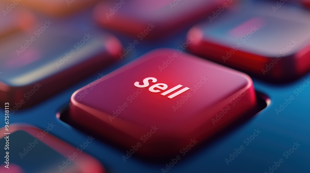 Poster A close up of a red key on the keyboard that says sell, AI