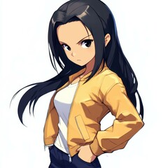 A stylish woman with long black hair and cute expressions, dressed in a vibrant yellow jacket and dark jeans.