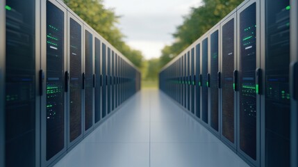 Eco Friendly concept, A modern data center featuring rows of servers, showcasing advanced technology and efficient design in a green environment.