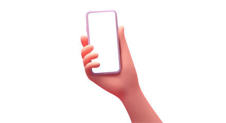 3D illustration of a hand holding a smartphone with a blank screen, symbolizing modern communication, mobile technology, and digital interaction. Ideal for app design, technology, and digital concepts