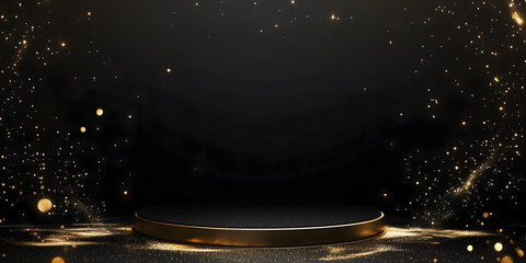 Golden light dots flying around the stage stars shining  background podium concept