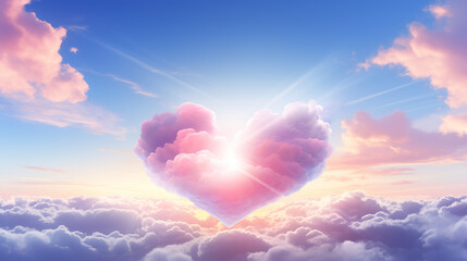 The heart-shaped sun shines through pink clouds, forming an endless expanse of white and red clouds on both sides and small, white clouds, romantic greeting concept.
