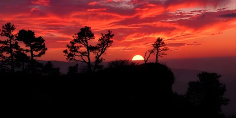 Vibrant Sunset Silhouettes Trees Against Fiery Sky