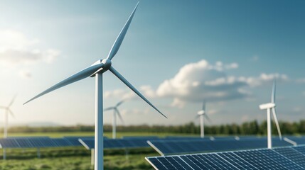 Eco Friendly clean power, Modern wind turbine stands tall in a solar farm, showcasing renewable energy and sustainable technology against a clear sky.